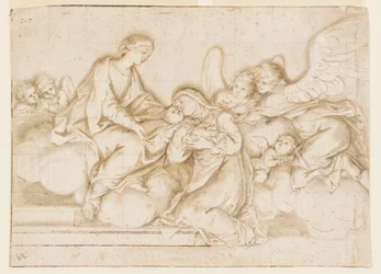 Design til et monokromt vægmaleri, Corpus Domini-kirken, Bologna, Italien, St. Caterina Vigri modtager babeen fra jomfruen