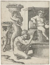 Bacchus ser på, mens en mand og kvinde og to børn bærer kurve med druer til tilberedning af vin Vinfremstilling