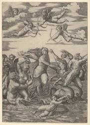 Galatea stående i en vandvogn trukket af to delfiner, omgivet af tritoner, nere..., 1515-16.