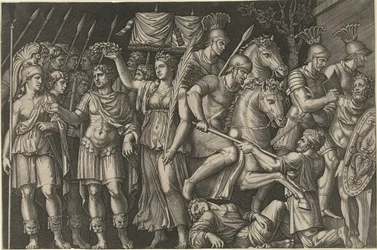 Kejser Trajan, kronet af Victoria, står ved siden af ​​kvindelig personificering af Rom og romerne i kamp med dacierne