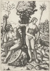 Mars og Venus som et kærligt par med Amor