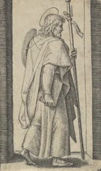 Saint James Major, bog er hans højre hånd, stav i hans venstre mod højre, fra t..., ca. 1500-1527.