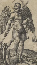 Sankt Michael med vægt og lanse, en dæmon under ham, fra serien „P...“, ca. 1500-1527