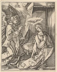 Bebudelsen, til venstre nærmer ærkeenglen Gabriel sig den bedende jomfru..., ca. 1500-1534.