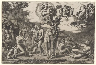 Dommen i Paris: han sidder til venstre med Venus, Juno og Pallas Athene, en bevinget sejr over, ca. 1510-20 (kobberstik)