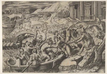Bortførelsen af Helen, kampscene på en kyst med to mænd, der trækker Helen ind i en b..., ca. 1520-27.