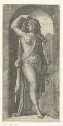 Kvinde som personificering af Prudentia med slange og maske Seven Virtues (serietitel)