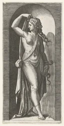 Kvinde som personificering af Prudentia med slange og maske Seven Virtues (serietitel)