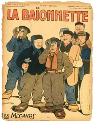 Forsiden af "La Baionnette", farverig satire