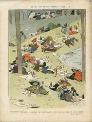 Illustration af Marcel Capy (1865-1941) i Le Lire, 28/05/10 - Spillet med små fede papirer - Hobbyer, Picnic, Gastronomi kok
