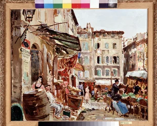 Markedet på Lenche-pladsen i Marseille Maleri af Marcel Leprin (1891-1933) Mål 50x61 cm Obligatorisk omtale: Samlingsfondens hilsen fra Provence, Marseille