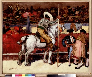 Picador og matador i arenaen for tyrefægtning. Maleri af Marcel Leprin (1891-1931) Dim. 50x61 cm Obligatorisk omtale: Collection fondation regards de Provence, Marseille