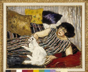Suzanne Valadon (1865-1938) og hendes kat. Maleri af Marcel Leprin (1891-1933), obligatorisk angivelse: Collection fondation regards de provence, Marseille (45 x 54 cm)