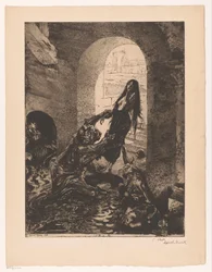 Monster griber en kvinde, der står i døren Offrande a Moloch (titel på objekt) Girl of pleasure (serietitel) Fille de Joie (serietitel på objekt)
