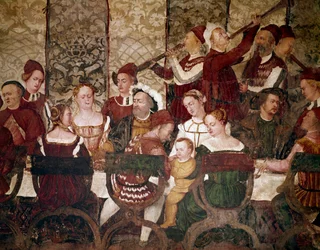 Kongen af Danmark Christian I ved en banket arrangeret af Bartolomeo Colleoni. Detalje af invitationer (fresko, ca. 1480)