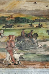 Jagtscene, detalje fra Christian I af Danmarks besøg i Bartolomeo Colleoni, Æreshallen