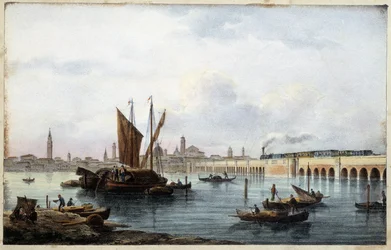 Broen over lagunen i "Album of the main views of Venice"" tegner af Marco Moro ed. Gio Brize-Ghel n.d 1840. ca.