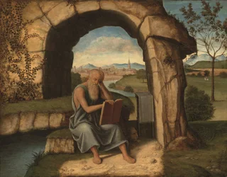 Saint Jerome in the Wilderness (olie på panel)