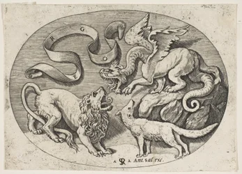 En løve, drage og ræv kæmper mod hinanden, en indskrevet banderole ovenover, en oval c..., ca. 1515-27.