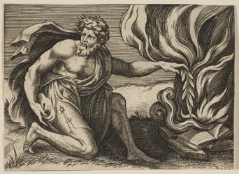 En mand, der knæler og lægger en laurbærgren på en bunke brændende bøger, ca. 1515-27.