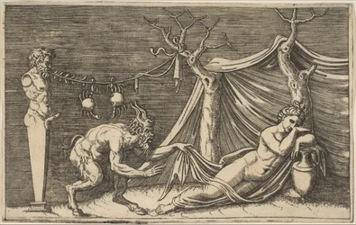 En satyr opdager en sovende kvinde, to krabber hængende i et reb, der er spændt..., ca. 1515-27.