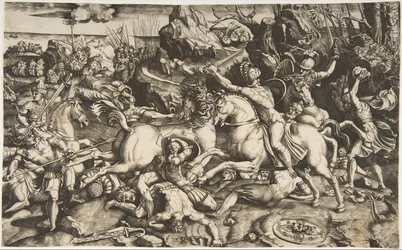 Kampscene i et landskab med soldater til hest og flere faldne mænd, en anden..., ca. 1520.