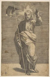 Kristus står fremadvendt, holder et kors med et banner og løfter sin venstre ..., ca. 1515-27.