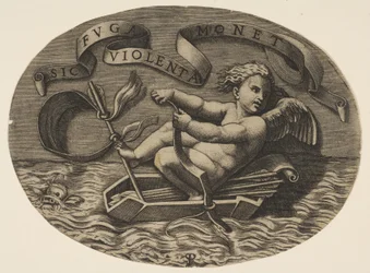 Eros undslipper ad søvejen ved at bruge sin stævn til at fremdrive en båd lavet af hans kogger med en ar..., ca. 1515-27.