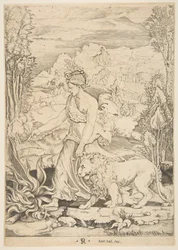 Fortitude i profilvisning, der går mod et bål til venstre og fører en spændt løve..., ca. 1515-27.