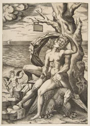 Jupiter og Semele omfavner, en ørn under dem, et træ til højre med en blank t..., ca. 1515-27.