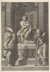 Sankt Josef til venstre og en biskop til højre stående foran Jomfruens alter ..., ca. 1515-27.
