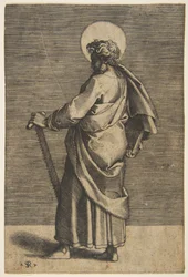 Sankt Simon står vendt mod venstre og holder en sav og en bog, ca. 1515-27.