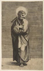 Sankt Thomas holder en firkantet regel, hovedet drejet til højre, ca. 1515-27.