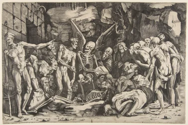 Skeletterne, en gruppe afmagrede mænd og kvinder samlet omkring et skelet lagt på ..., 1515-27.