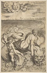 Venus og Amor rider på to havmonstre, Amor hæver en pil i sin højre hånd, t..., ca. 1515-27.