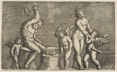 Vulcan siddende hamrende på en ambolt flankeret af Venus og tre amoriner, ca. 1515-27.