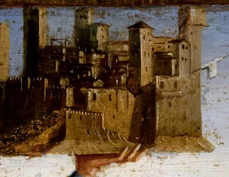 Tronet Madonna og helgener, detalje af Predella af St. Adrian af Marco Palmezzano (ca 1460-1539), St Francis Church, Matelica, Marche, Italien, detaljer