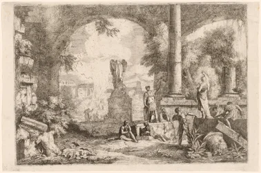 Capriccio af antikke ruiner med mænd, der stirrer på en klassisk taler