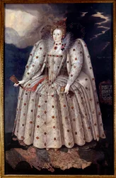 Fodportræt af dronning Elisabeth (Elizabeth) Iere af England Maleri af Marcus Gheeraerts (Gerards eller Geerards) den unge (1561-1635) Omkring 1592 Søn. 2,41x1,52 m London, National Portrait Gallery