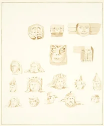 5 groteske hoveder i klokketårnet i Bristol Cathedral og 12 andre (blyant og akvarel på papir)