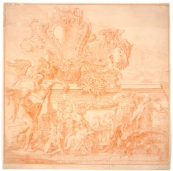 Dekorationsudkast med en gammel mand, symboliserende tiden, et skjold, en vase, en ørn og flere allegoriske figurer