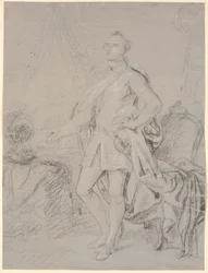 Udkast til portræt i helfigur. Forarbejde til Chr. VI.s familiebillede (Rosenborg)? Frederik d. V. som kronprins
