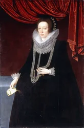 Portræt af Margaret Belasyse, i en sort kjole, med en perlehalskæde og en bog i højre hånd