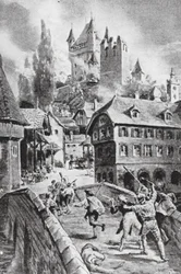 Afbrændingen af slottet Wadenschwyl i 1804 (litografi)