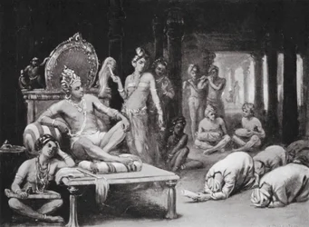 Vikramanka Chalukhya sender et venligt brev til Kulottunga Chola (litografi)