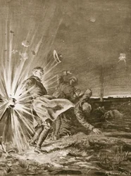 En granat eksploderer tæt på menig Jackson og blæser hans arm af, da han hjælper med at bringe en såret ind (litografi).