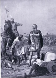 Alp Arslantis tilfangetagelse af kejser Romanus Diogenes i 1071 e.Kr (litografi)