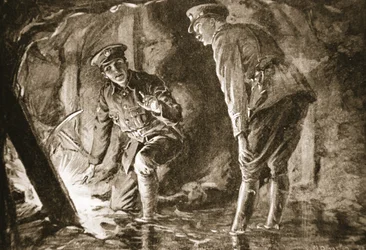 Underkorporal Evason og en officer lytter til tyskere i en modmine (litografi)