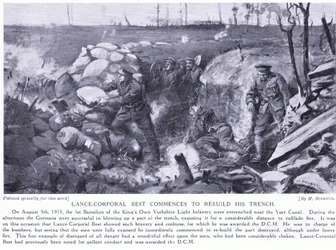 Underkorporal Best blev tildelt en DCM for at begynde at genopbygge sin skyttegrav ved Yser-kanalen under kraftig beskydning i august 1915 (litografi).