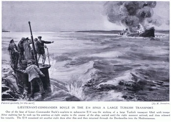 Kaptajnløjtnant Boyle i E14 sænker en stor tyrkisk transport i 1915 (litografi)